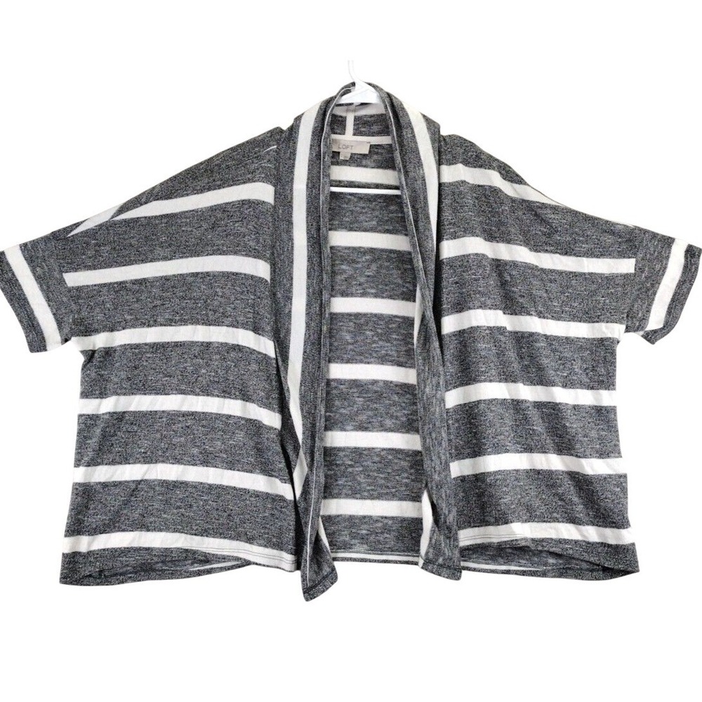 LOFT‎ Women's Striped Kimono Cardigan Size L Gray White Short Sleeve Open Front